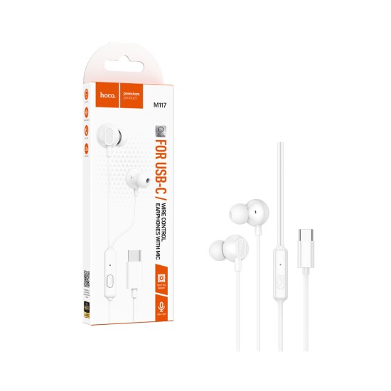 Auscultadores com fio Hoco M117 Victory com Microfone Cabo Type-C de 1,2m Branco